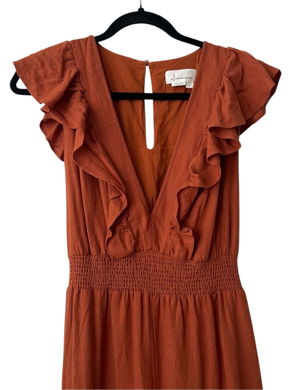 By Anthropologie V Neck Ruffle Copper Jumpsuit Size S - Picture 5 of 16